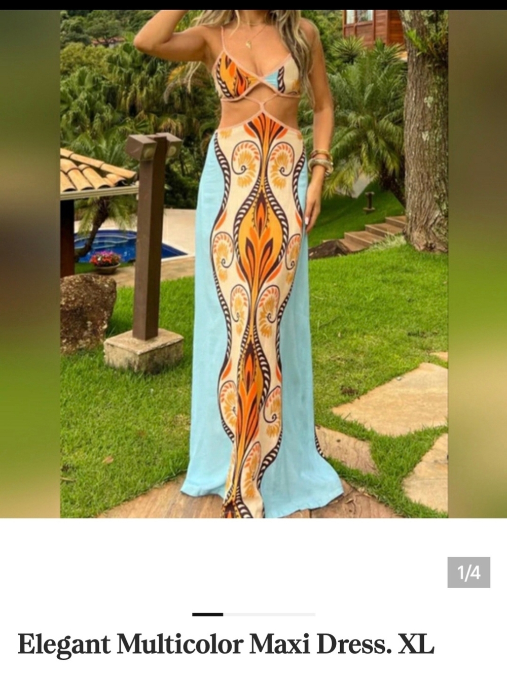 Multicolor Cutout Maxi Dress with Orange & Light Blue Pattern. XL.  New